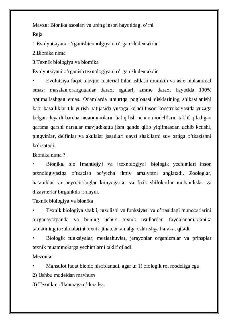Bionika asoslari va uning inson hayotidagi o’rni 1