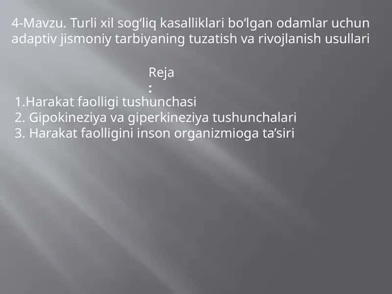 Turli xil sogʻliq kasalliklari boʻlgan odamlar uchun adaptiv jismoniy tarbiyaning tuzatish va rivojlanish usullari 1