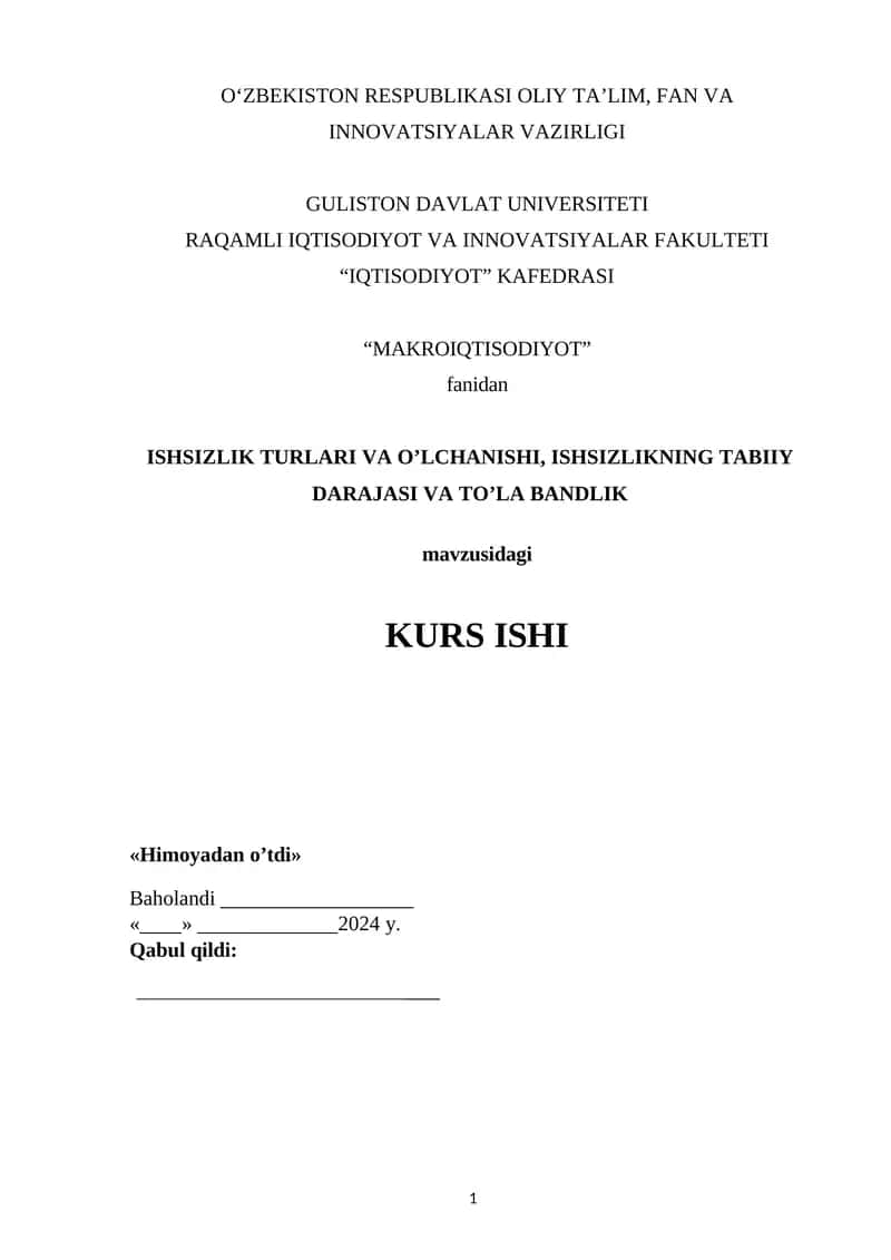 ISHSIZLIKNING TURLARI VA O'LCHANISHI 1