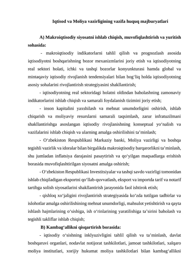 Iqtisod va Moliya vazirligining vazifa huquq majburyatlari 1