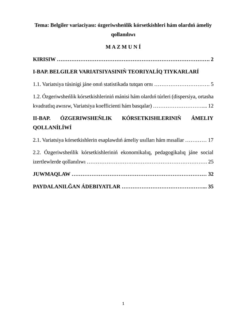 Belgiler variaciyası: ózgeriwsheńlik kórsetkishleri hám olardıń ámeliy qollanılıwı 1
