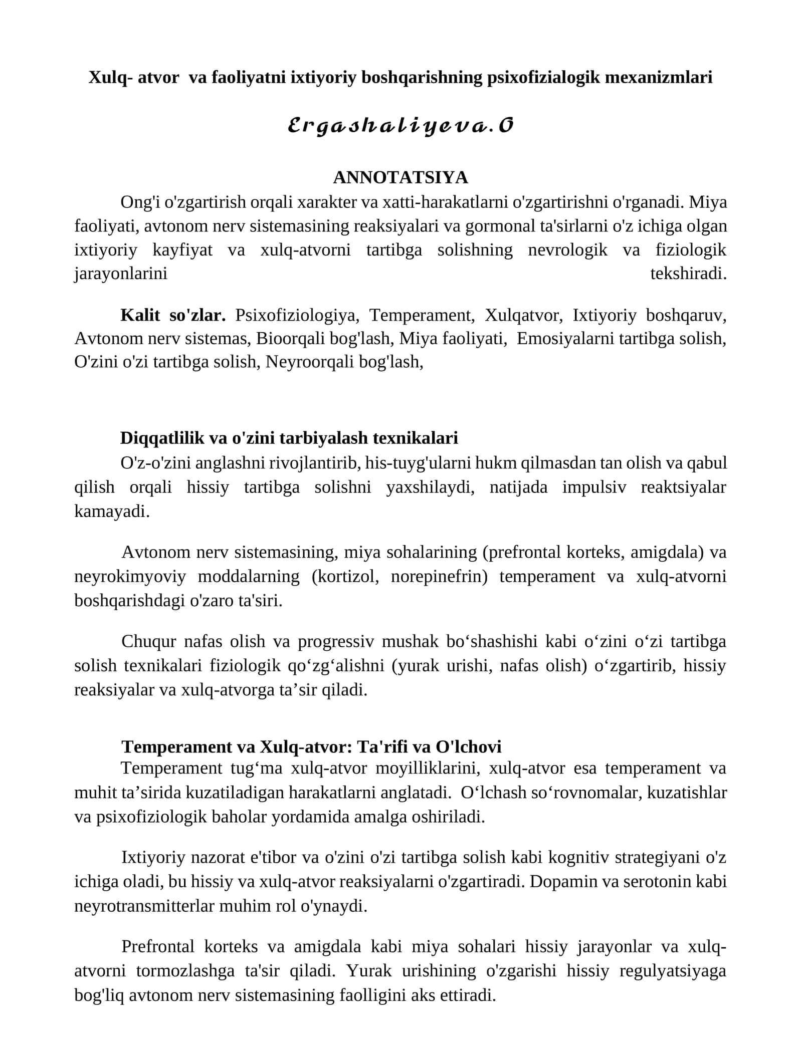 Xulq- atvor va faoliyatni ixtiyoriy boshqarishning psixofizialogik mexanizmlari 1