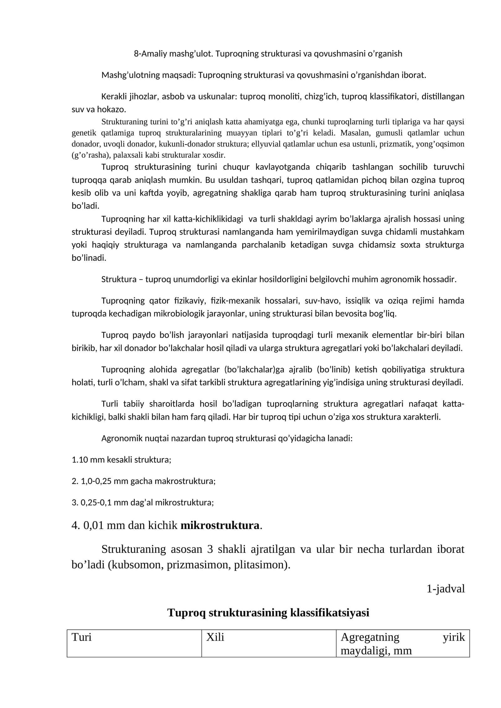 8-Amaliy mashg’ulot. Tuproqning strukturasi va qovushmasini o’rganish 1