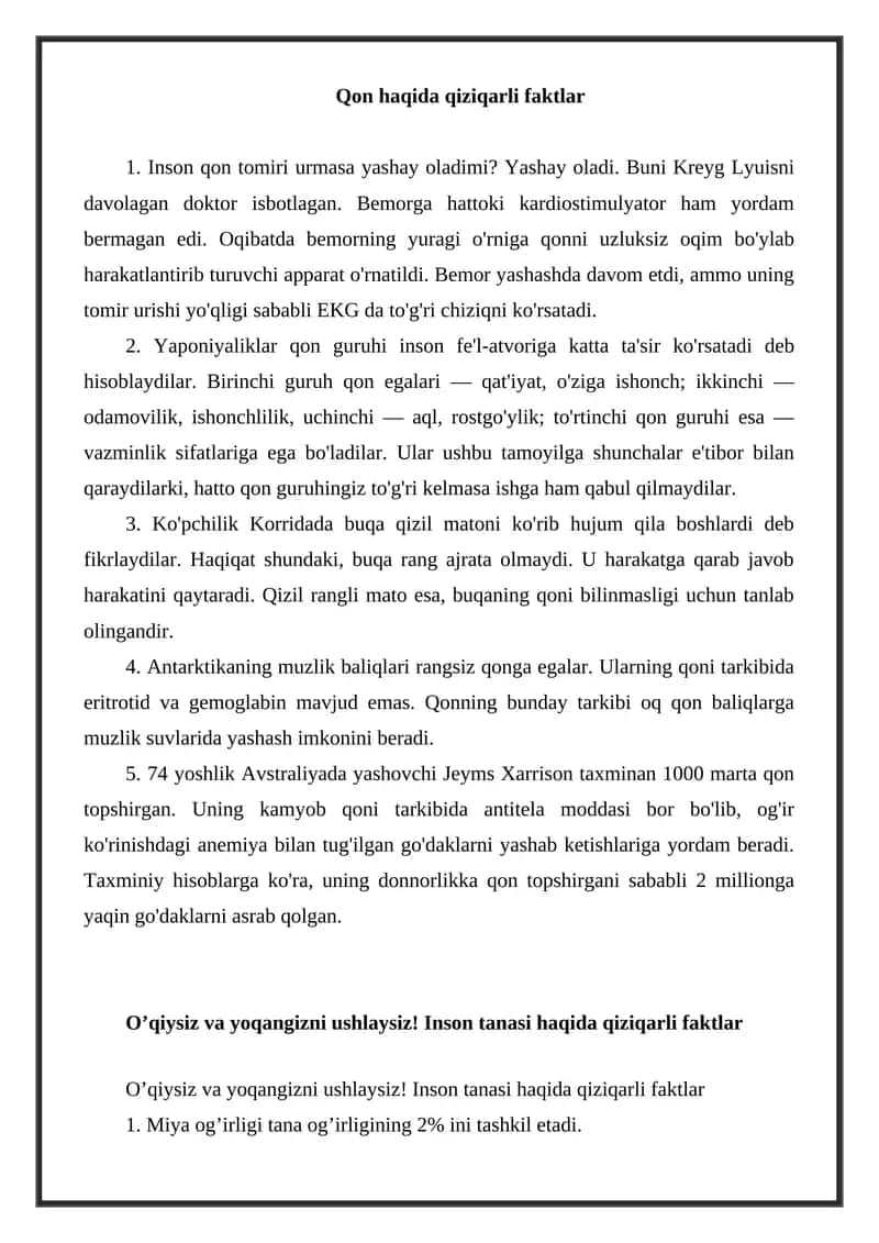 Qon Haqida Qiziqarli Faktlar 1