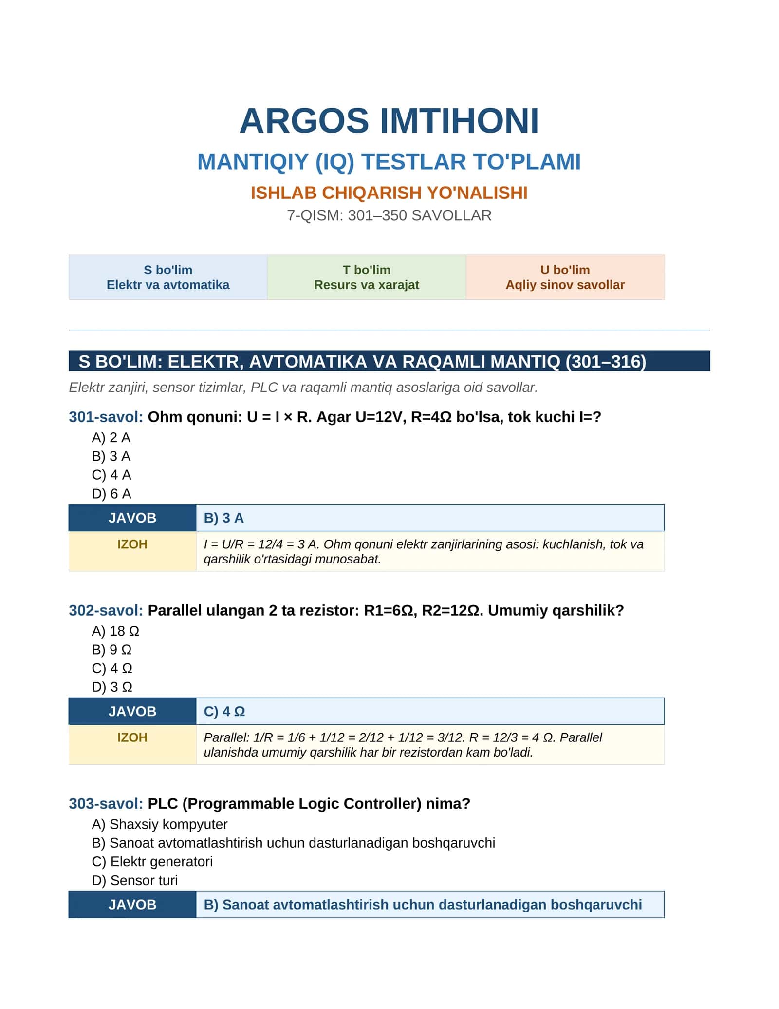 ARGOS IMTIHONI MANTIQIY (IQ) TESTLAR TO'PLAMI 1
