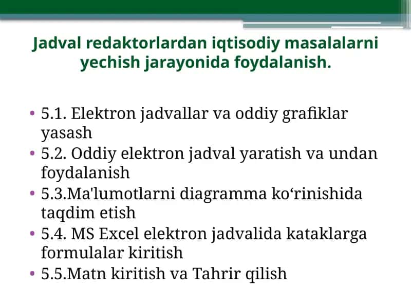 Jadval redaktorlardan iqtisodiy masalalarni yechish jarayonida foydalanish. 1