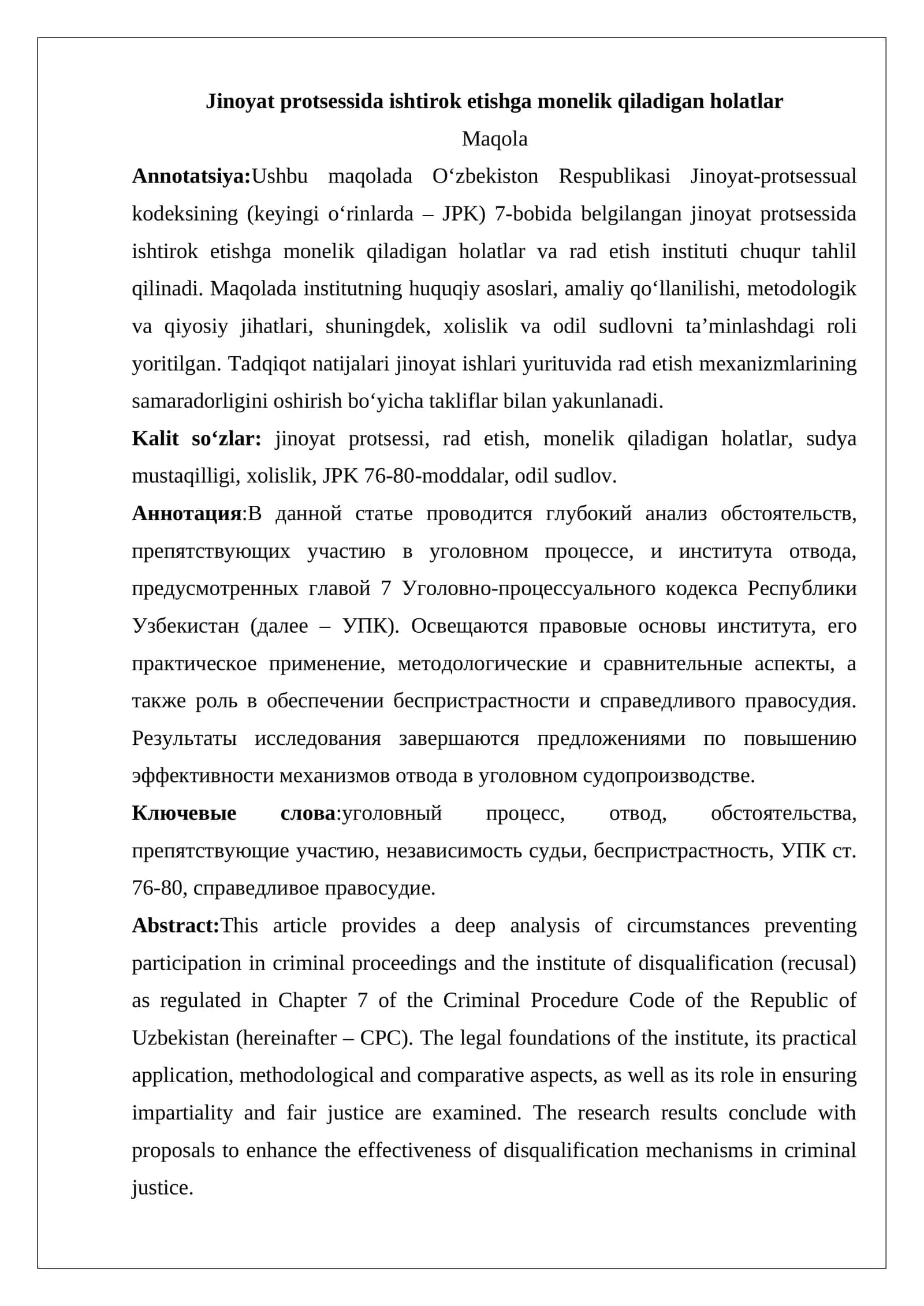 Jinoyat protsessida ishtirok etishga monelik qiladigan holatlar 1