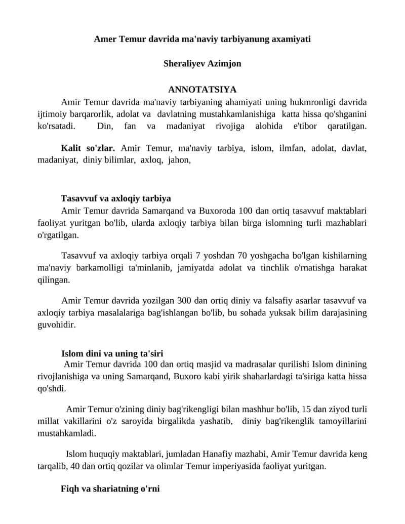 Amer Temur davrida ma'naviy tarbiyanung axamiyati 1