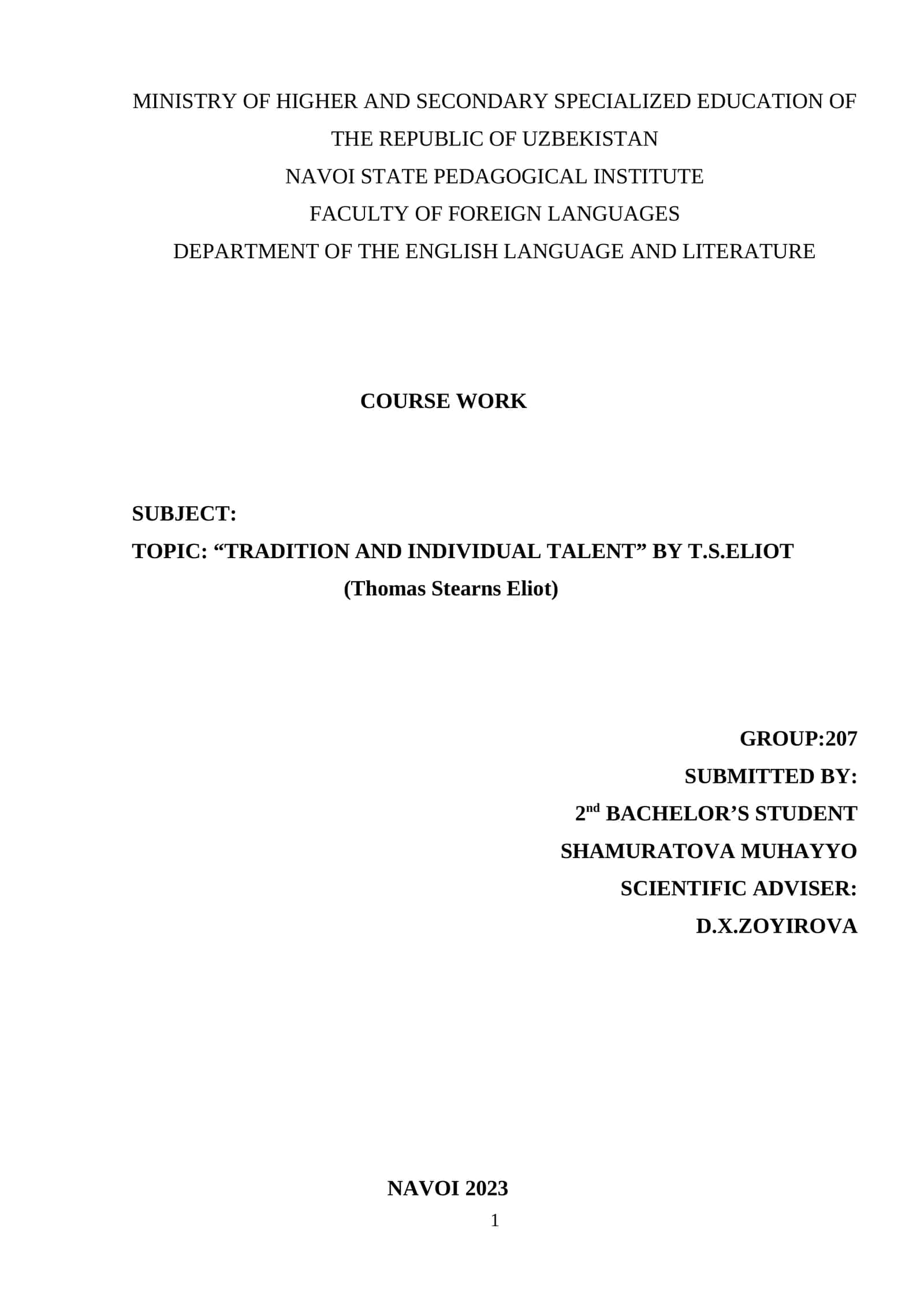 TRADITION AND INDIVIDUAL TALENT BY T.S.ELIOT 1