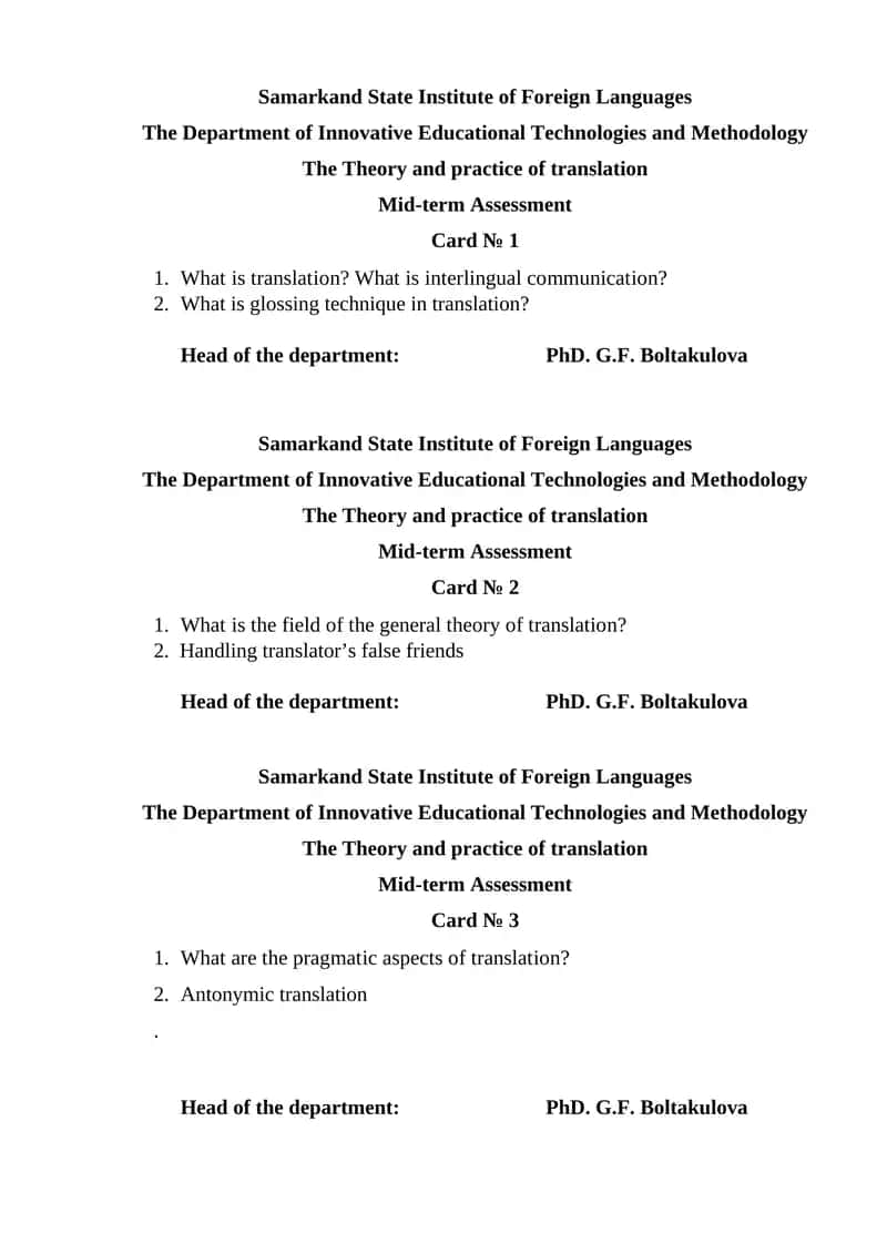 Mid-term Assessment Cards on Translation Theory 1