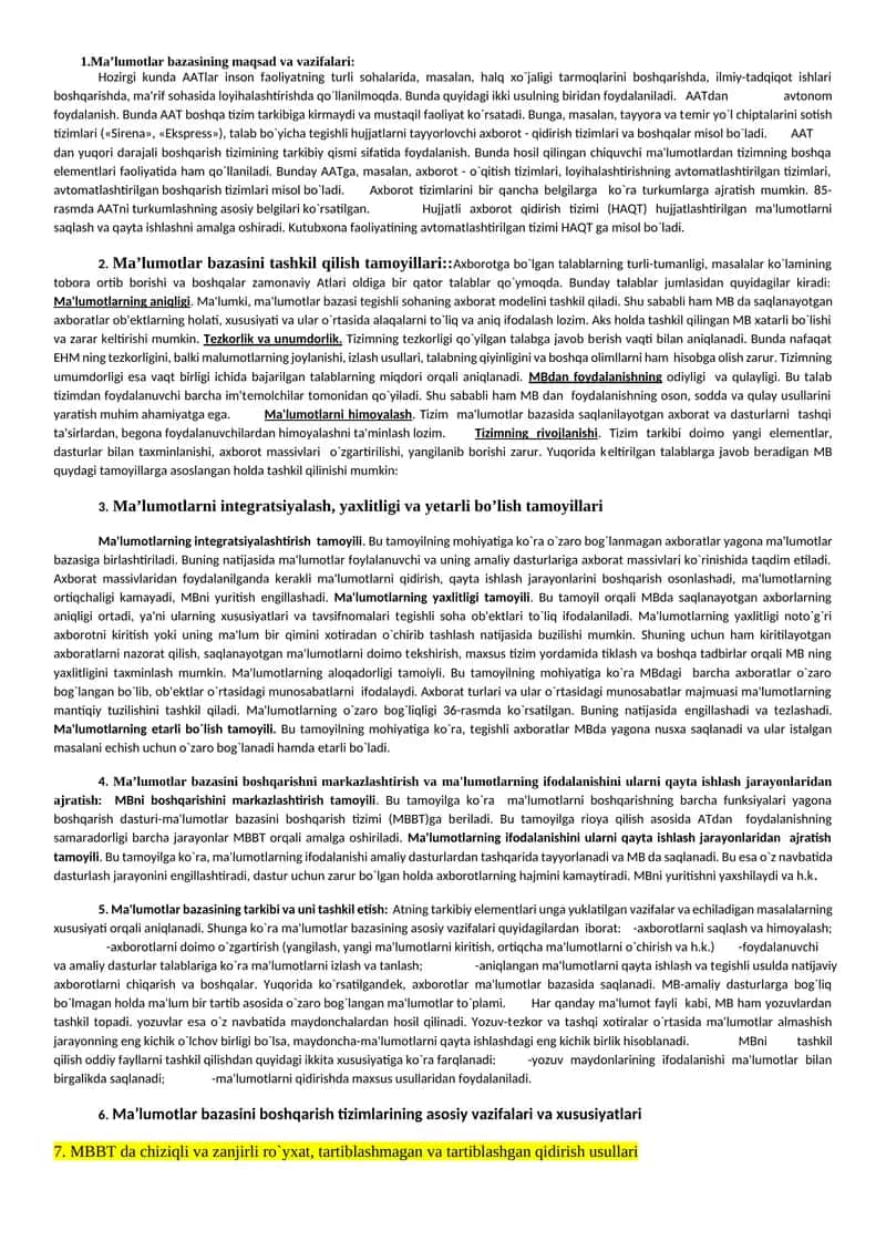 Ma’lumotlar bazasining maqsad va vazifalari 1