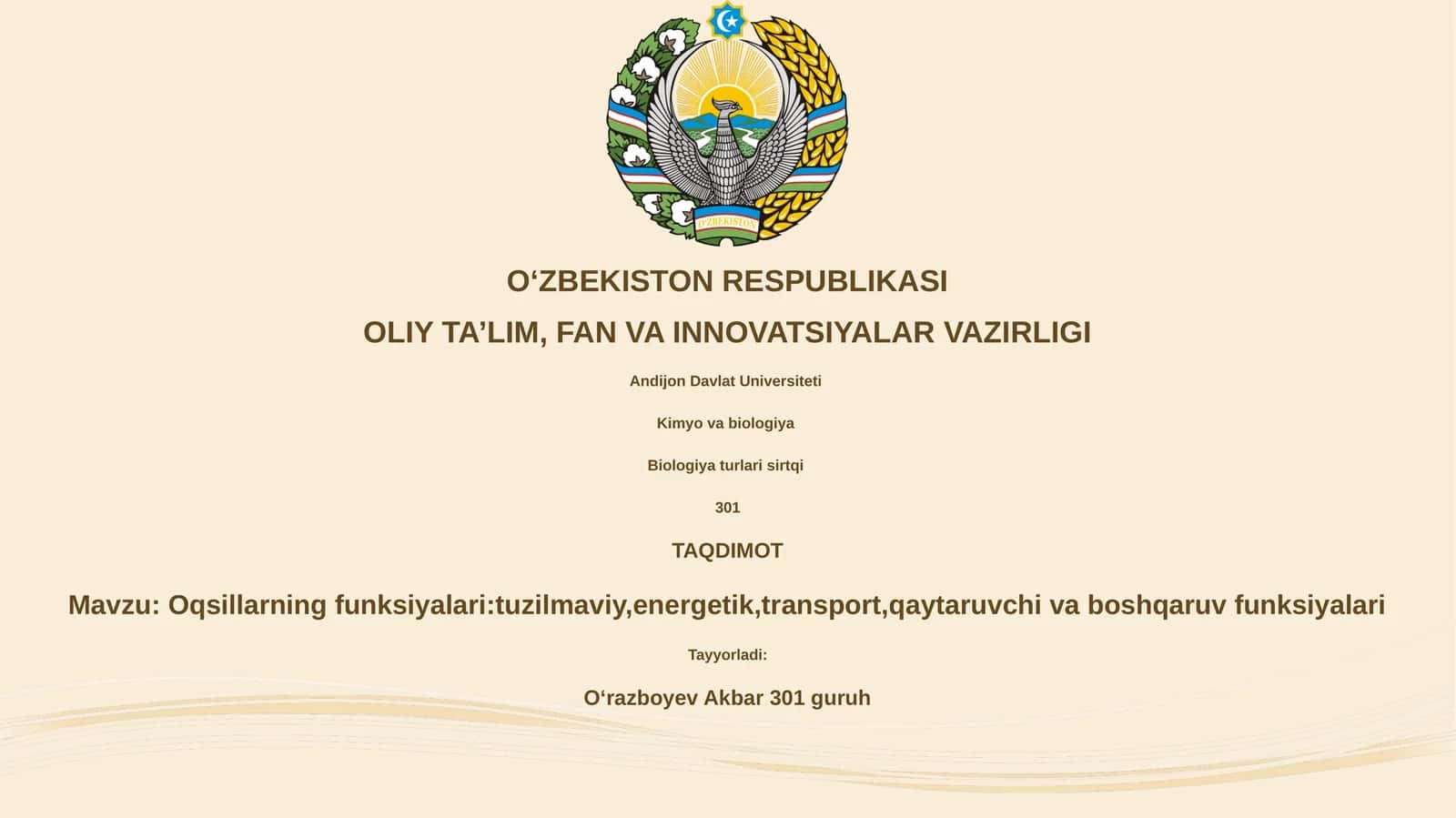 Oqsillarning funksiyalari:tuzilmaviy,energetik,transport,qaytaruvchi va boshqaruv funksiyalari 1