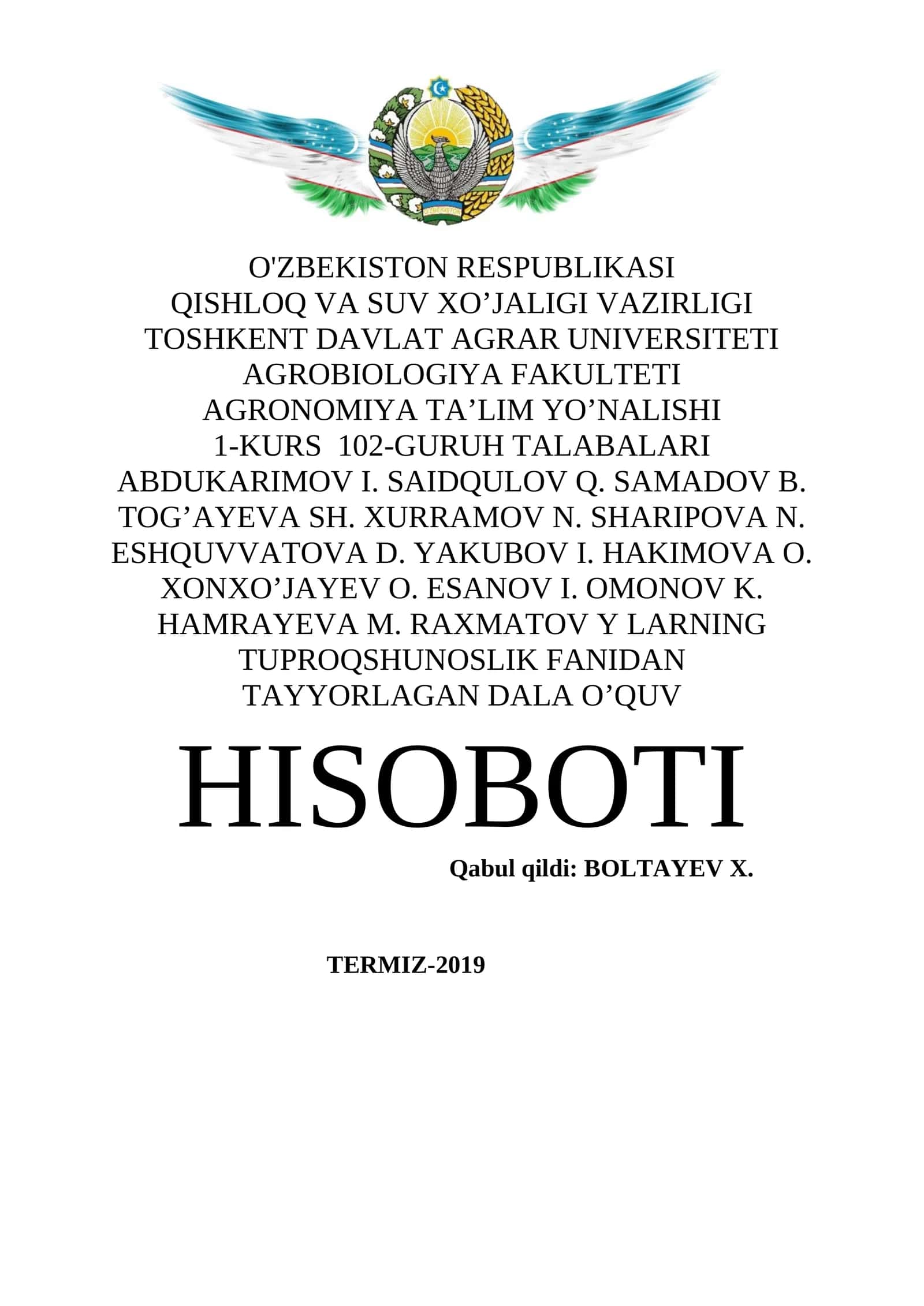 TUPROQSHUNOSLIK FANIDAN TAYYORLAGAN DALA O’QUV HISOBOTI 1