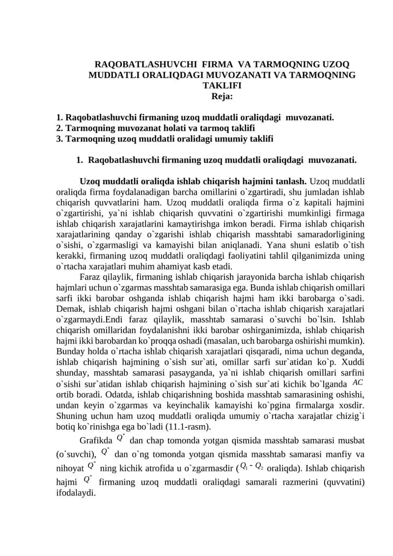 RAQOBATLASHUVCHI FIRMA VA TARMOQNING UZOQ MUDDATLI ORALIQDAGI MUVOZANATI VA TARMOQNING TAKLIFI 1