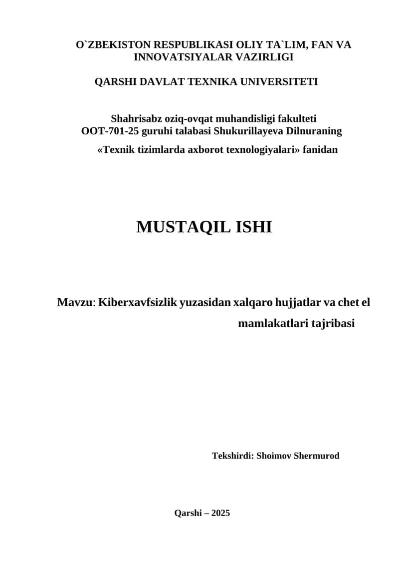 Kiberxavfsizlik yuzasidan xalqaro hujjatlar va chet el mamlakatlari tajribasi 1
