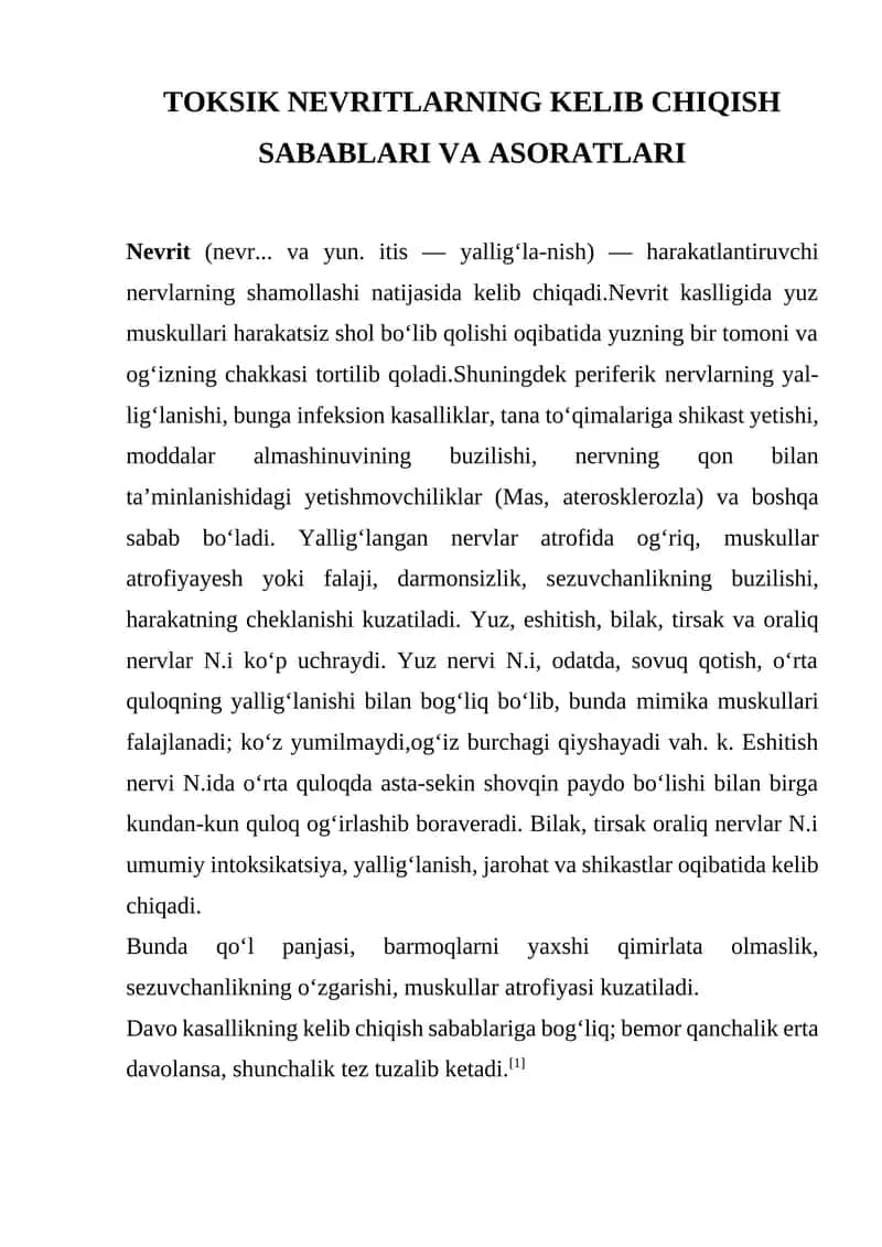 TOKSIK NEVRITLARNING KELIB CHIQISH SABABLARI VA ASORATLARI 1