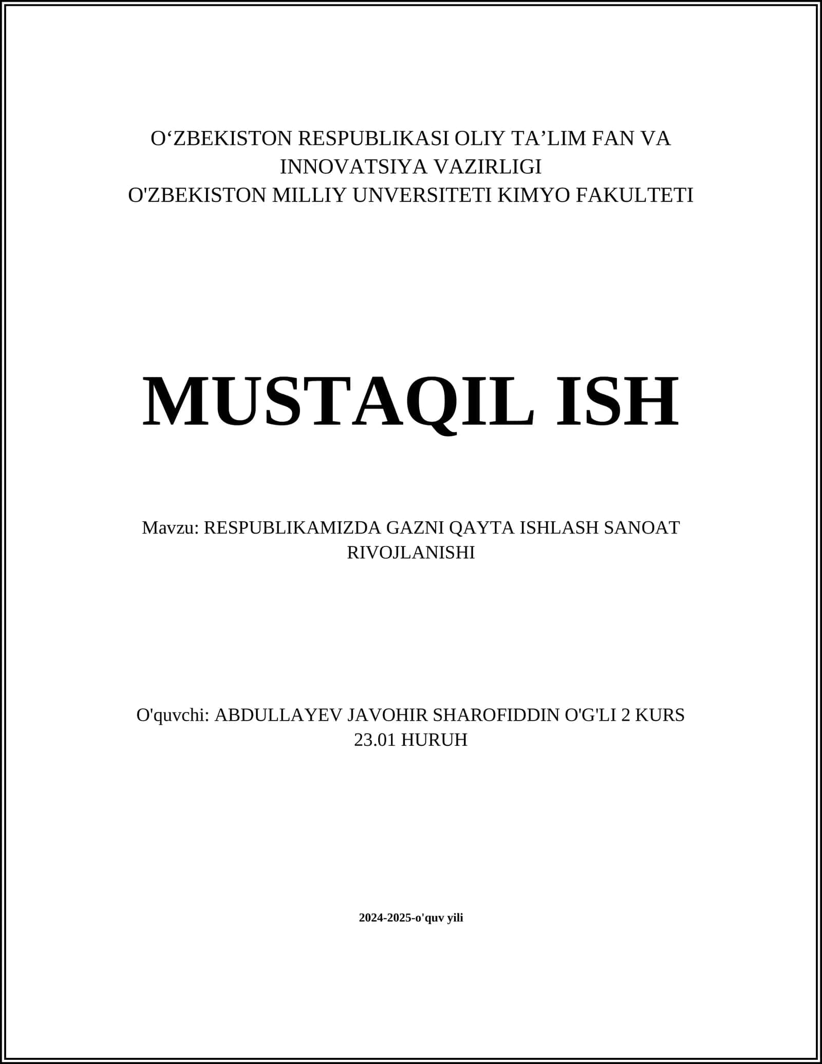 RESPUBLIKAMIZDA GAZNI QAYTA ISHLASH SANOAT RIVOJLANISHI 1