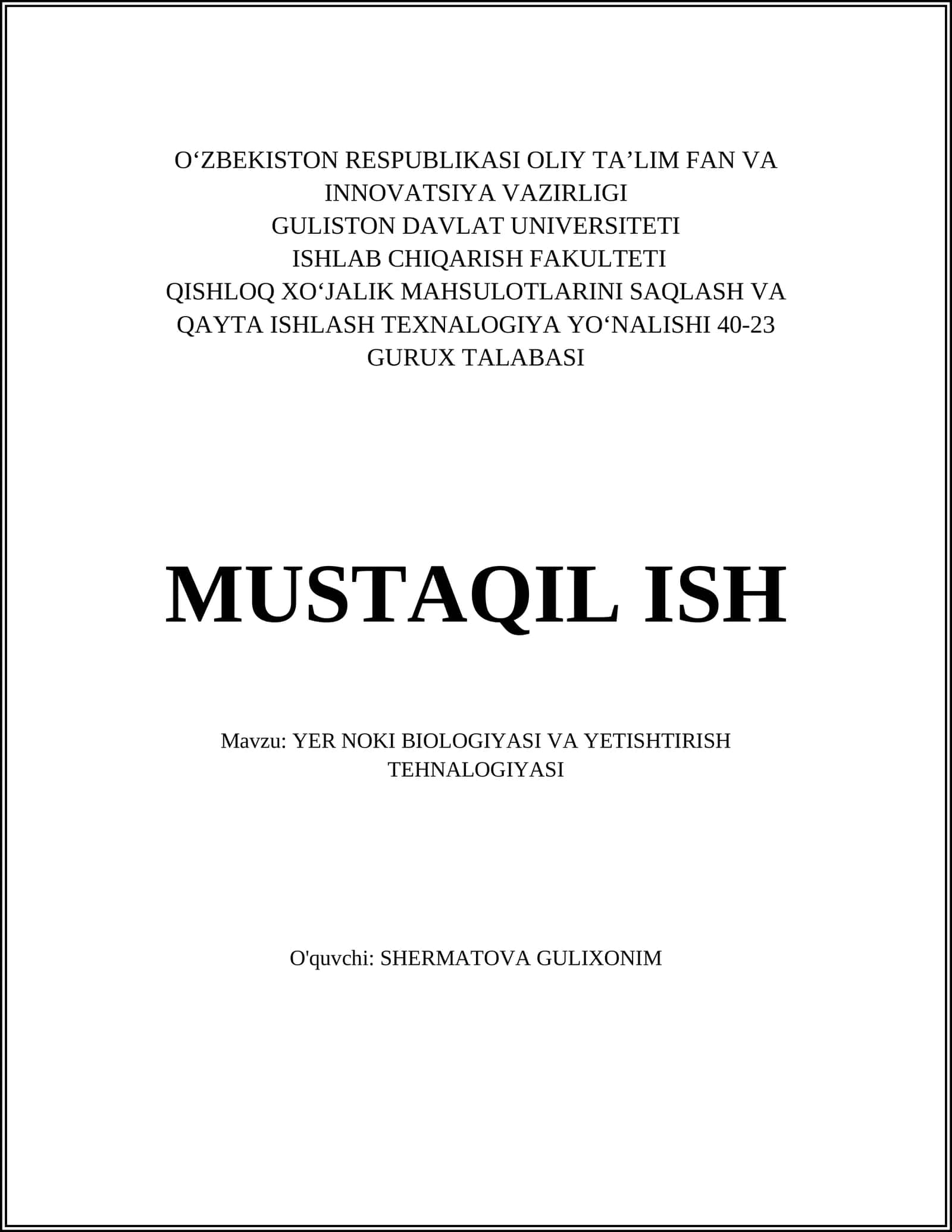 YER NOKI BIOLOGIYASI VA YETISHTIRISH TEHNALOGIYASI 1
