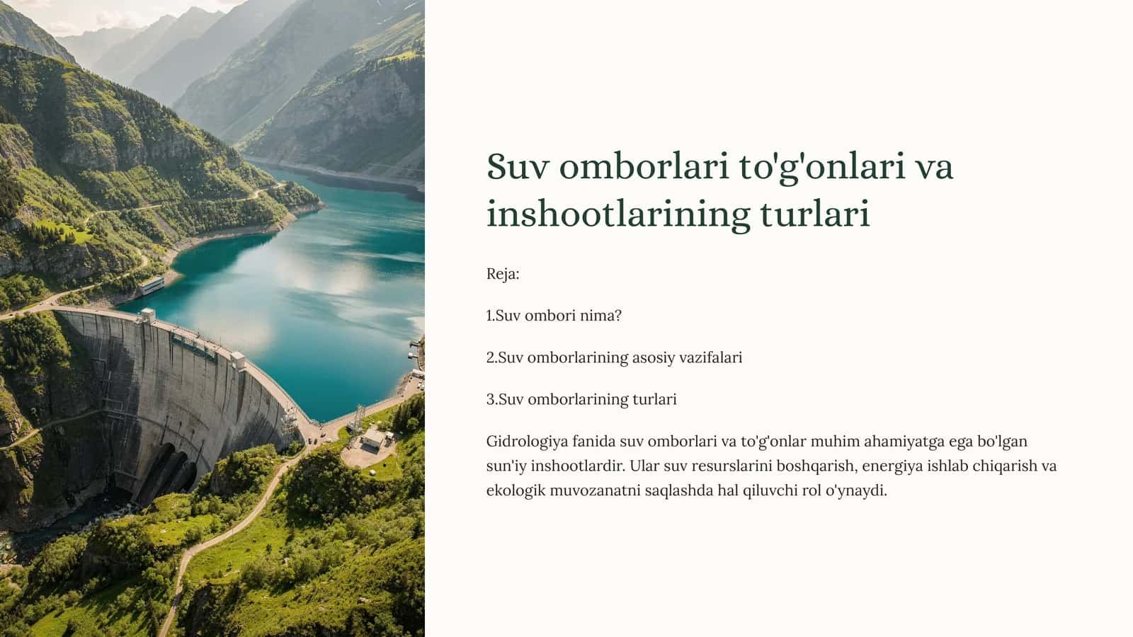Suv omborlari to'g'onlari va inshootlarining turlari 1