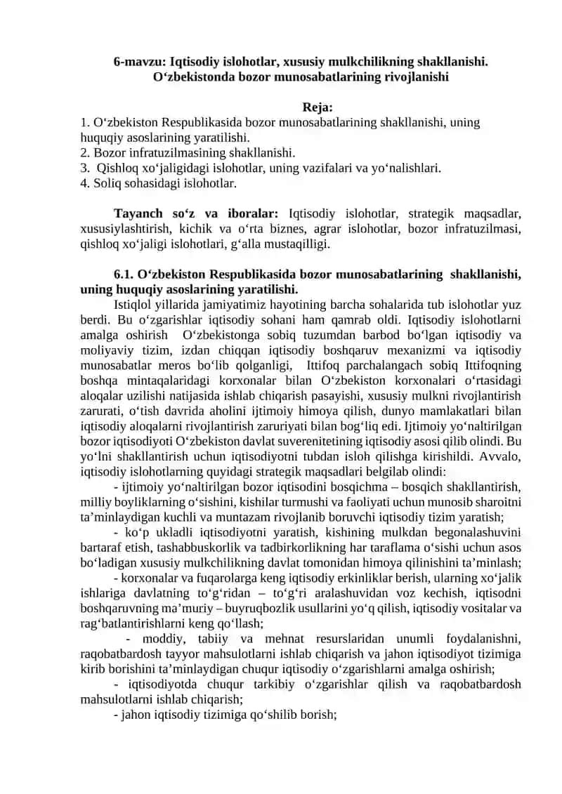 Iqtisodiy islohotlar, xususiy mulkchilikning shakllanishi. O‘zbekistonda bozor munosabatlarining rivojlanishi