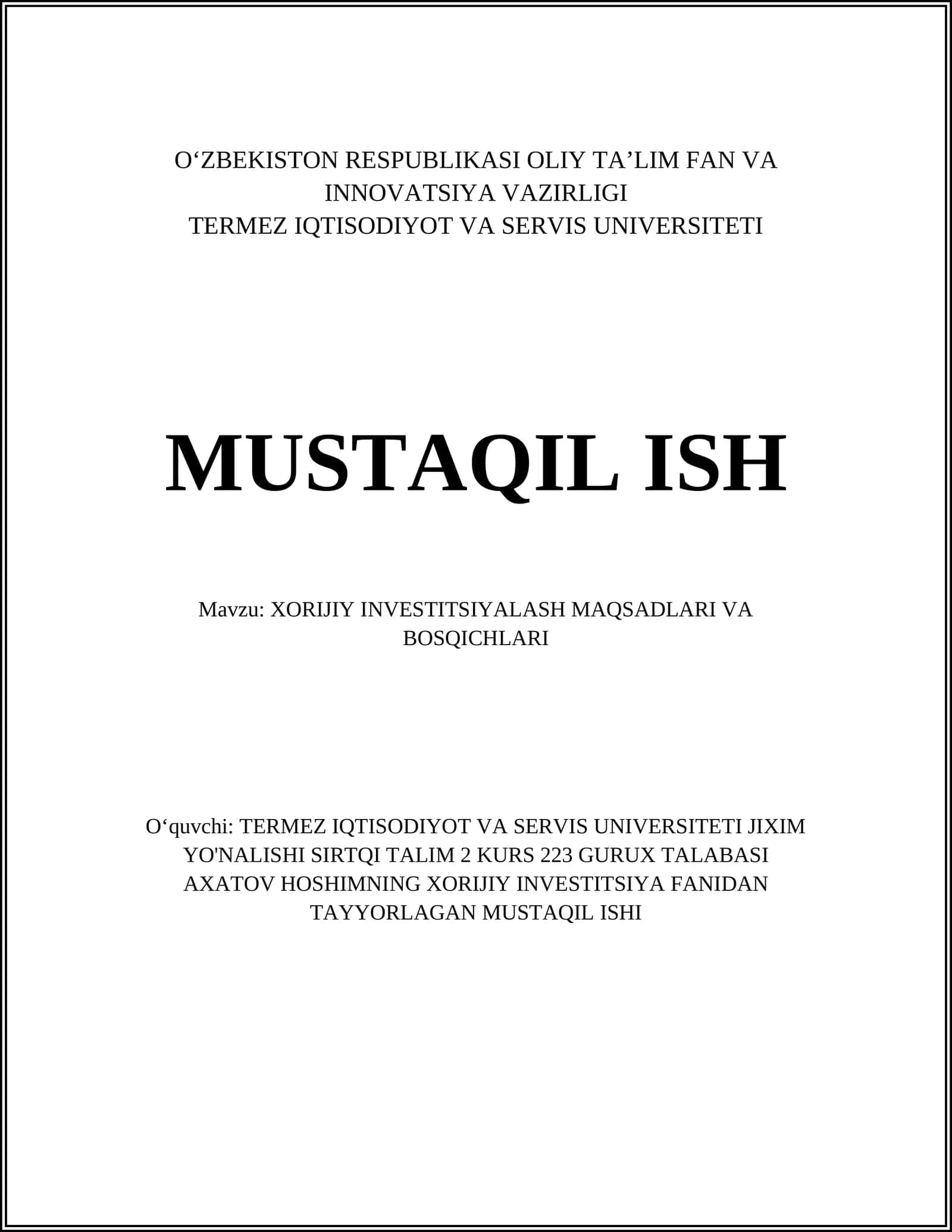 XORIJIY INVESTITSIYALASH MAQSADLARI VA BOSQICHLARI 1