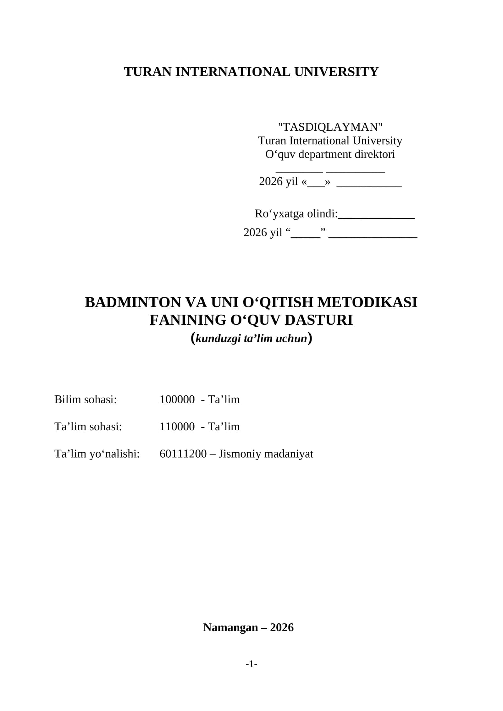 BADMINTON VA UNI O‘QITISH METODIKASI FANINING O‘QUV DASTURI 1