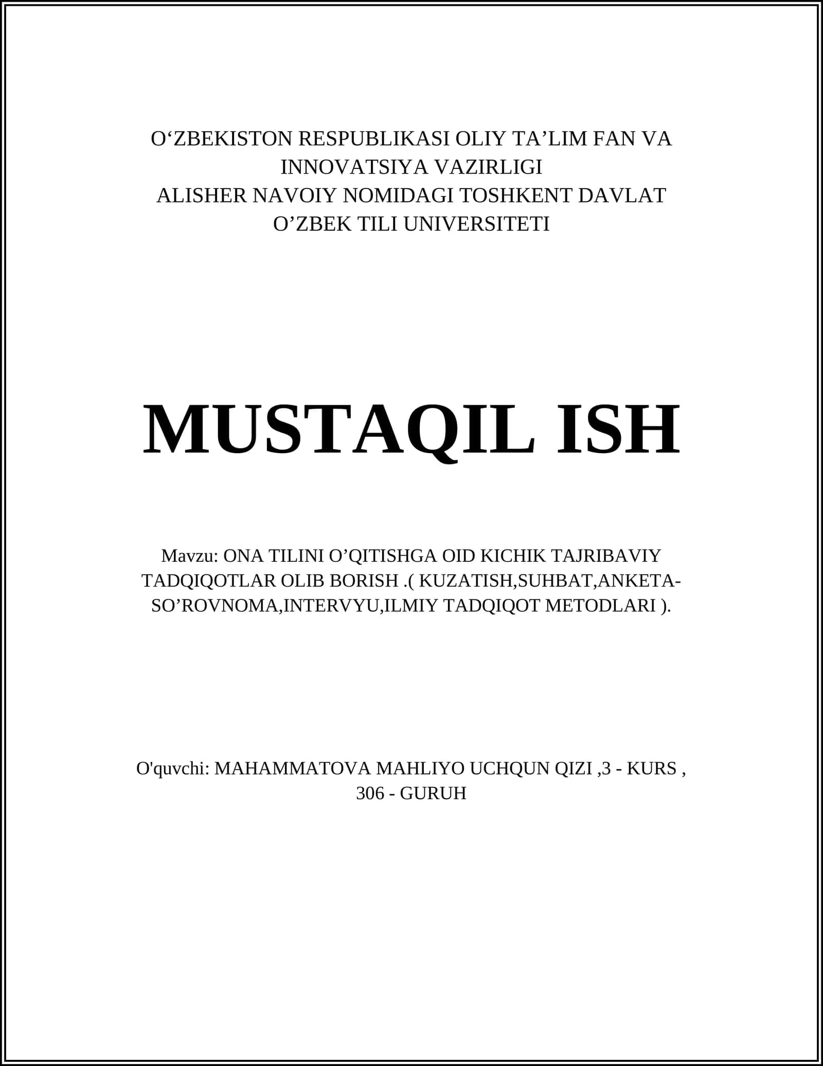 ONA TILINI O’QITISHGA OID KICHIK TAJRIBAVIY TADQIQOTLAR 1