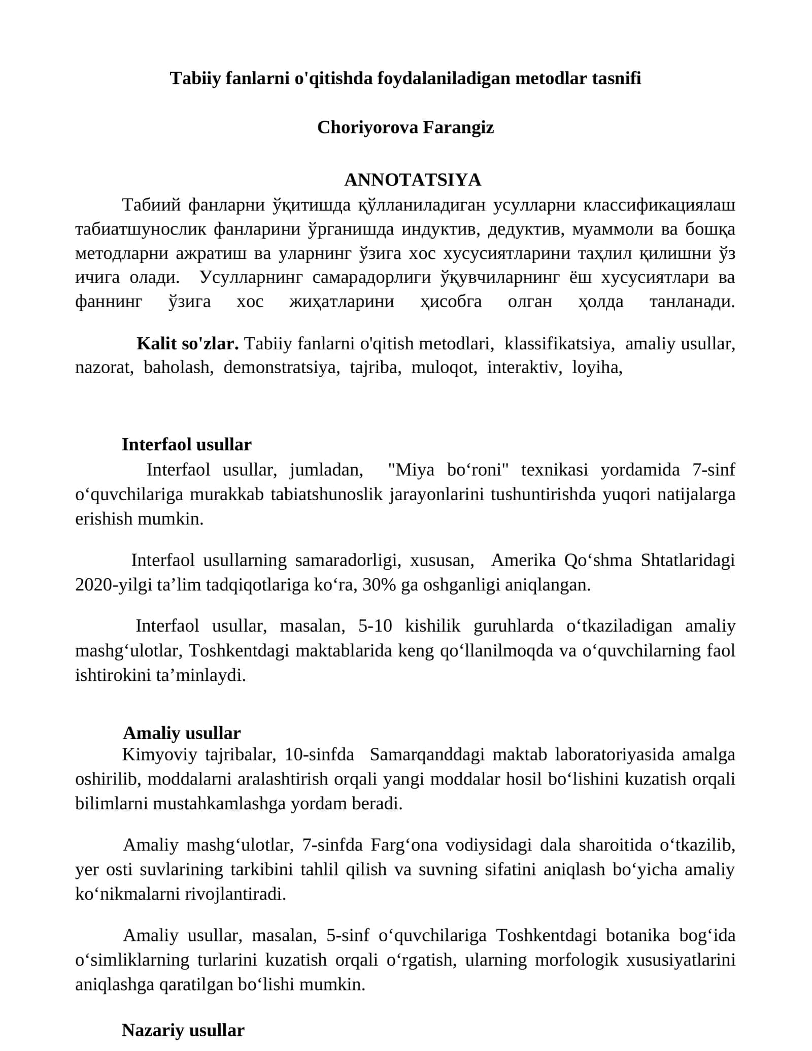 Tabiiy fanlarni o'qitishda foydalaniladigan metodlar tasnifi 1