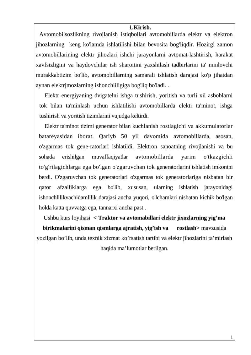 Traktor va avtomobillari elektr jixozlarning yig'ma birikmalari 1