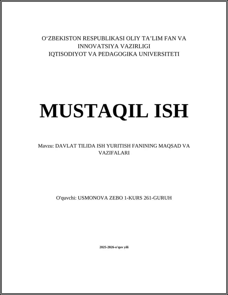 DAVLAT TILIDA ISH YURITISH FANINING MAQSAD VA VAZIFALARI 1