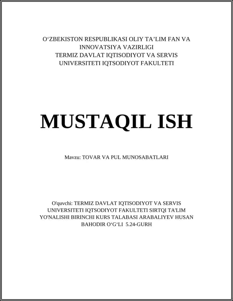 TOVAR VA PUL MUNOSABATLARI 1