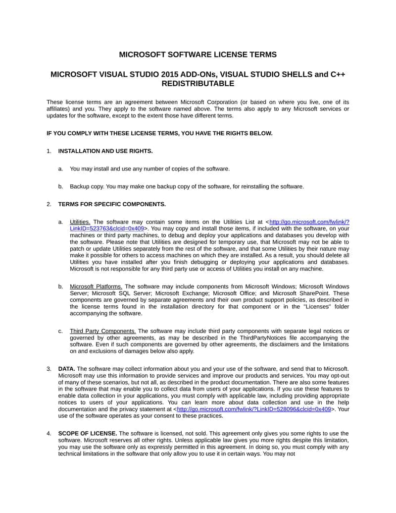 MICROSOFT VISUAL STUDIO 2015 ADD-ONs, VISUAL STUDIO SHELLS and C++ REDISTRIBUTABLE 1