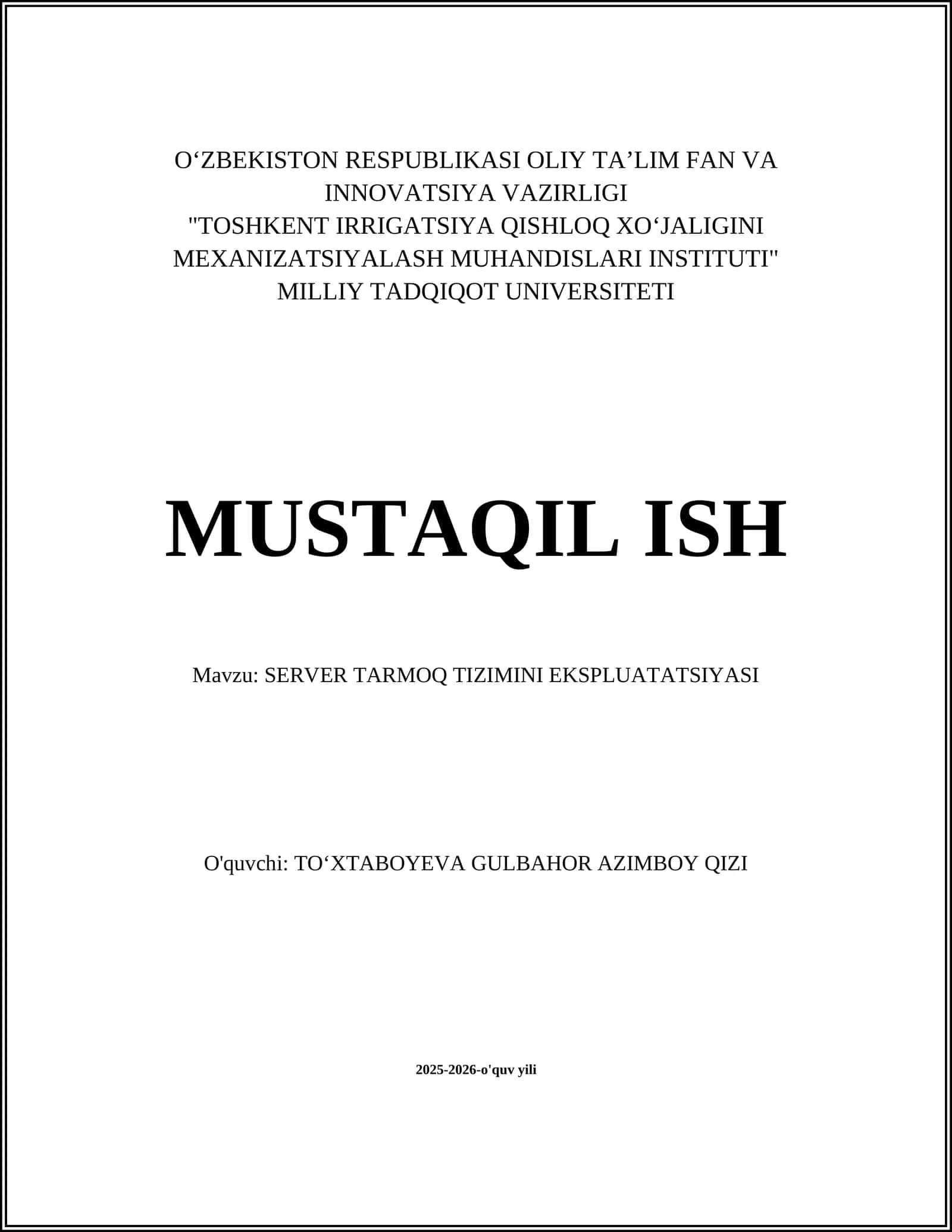 SERVER TARMOQ TIZIMINI EKSPLUATATSIYASI 1