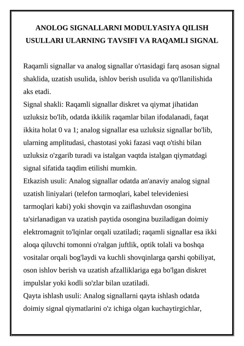 ANOLOG SIGNALLARNI MODULYASIYA QILISH USULLARI 1