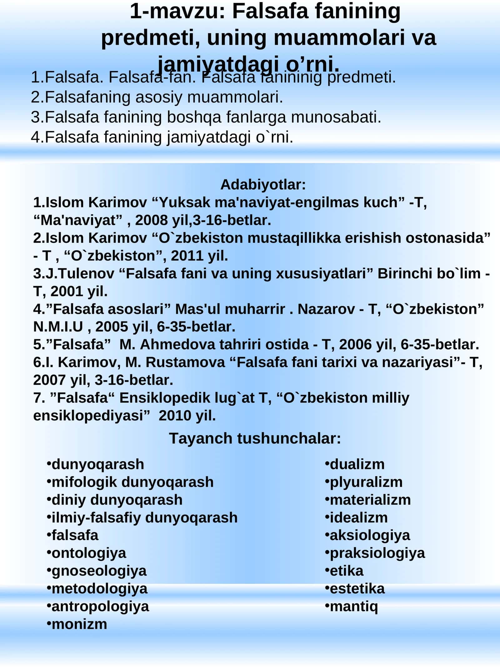 Falsafa fanining predmeti, uning muammolari va jamiyatdagi o’rni 1