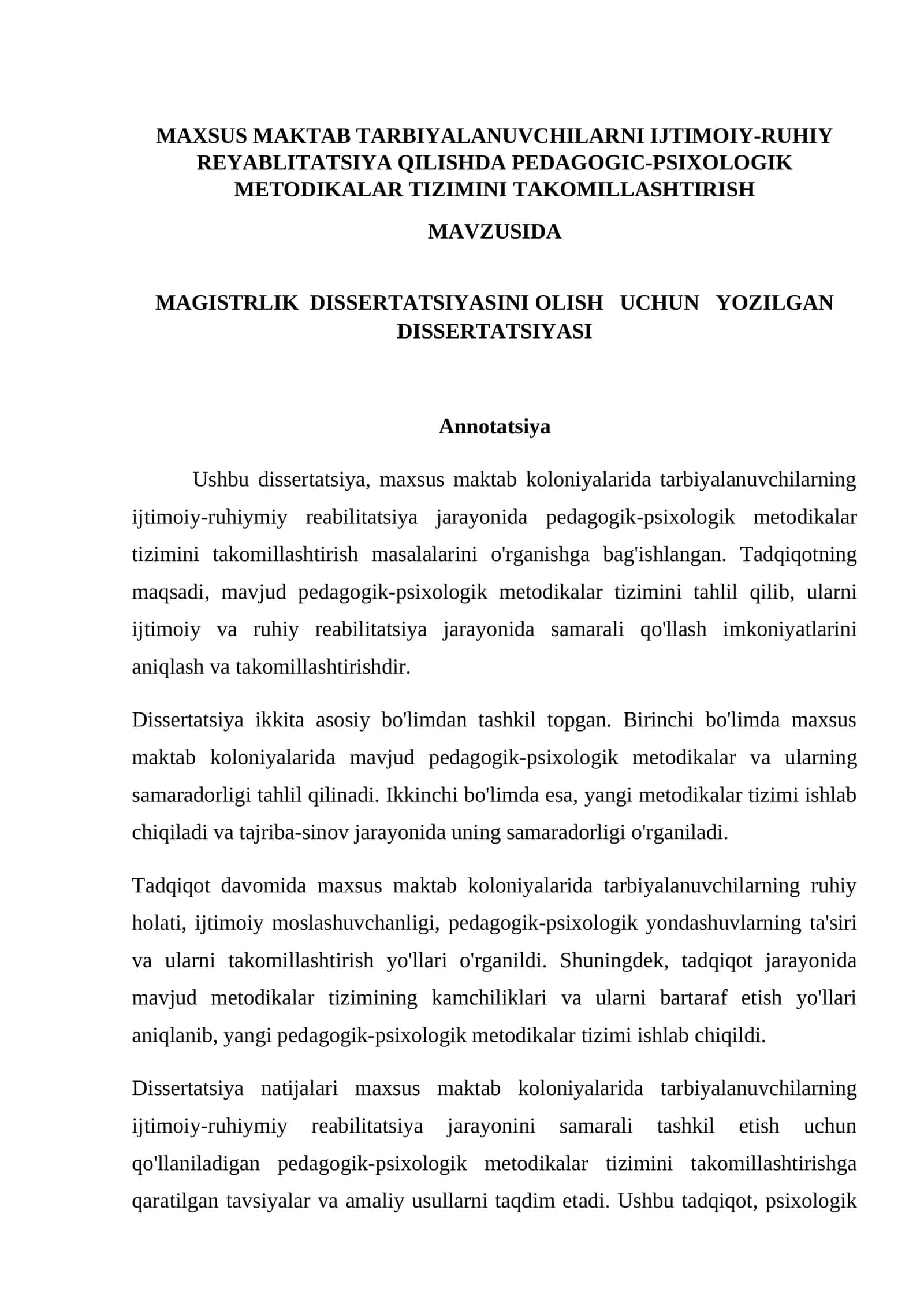 МAXSUS MAKTAB TARBIYALANUVCHILARNI IJTIMOIY-RUHIY REYABLITATSIYA QILISHDA PEDAGOGIC-PSIXOLOGIK METODIKALAR TIZIMINI TAKOMILLASHTIRISH 1