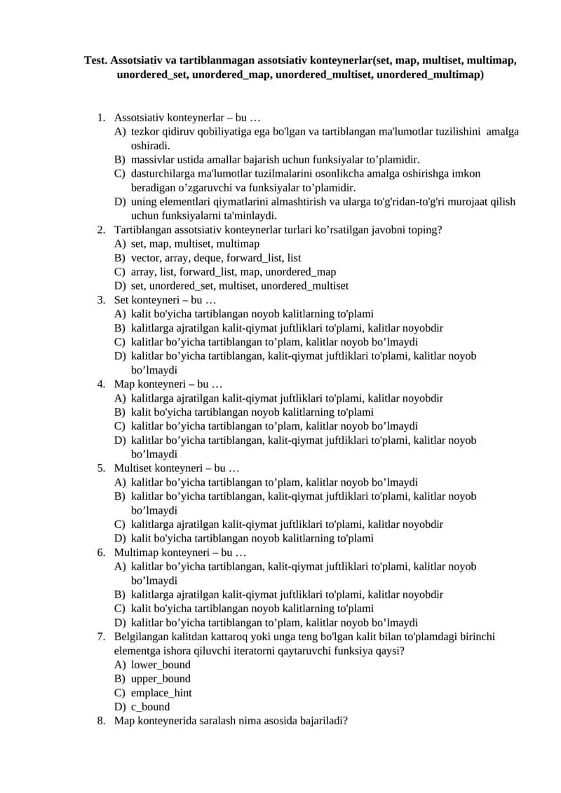 Assotsiativ va tartiblanmagan assotsiativ konteynerlar(set, map, multiset, multimap, unordered_set, unordered_map, unordered_multiset, unordered_multimap) 1