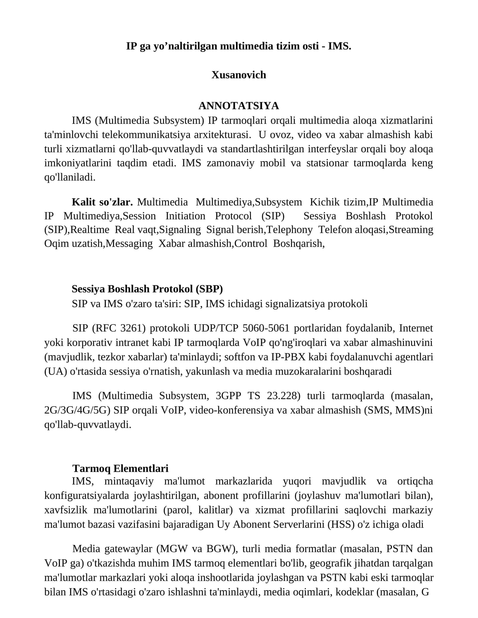 IP ga yo'naltirilgan multimedia tizim osti - IMS 1