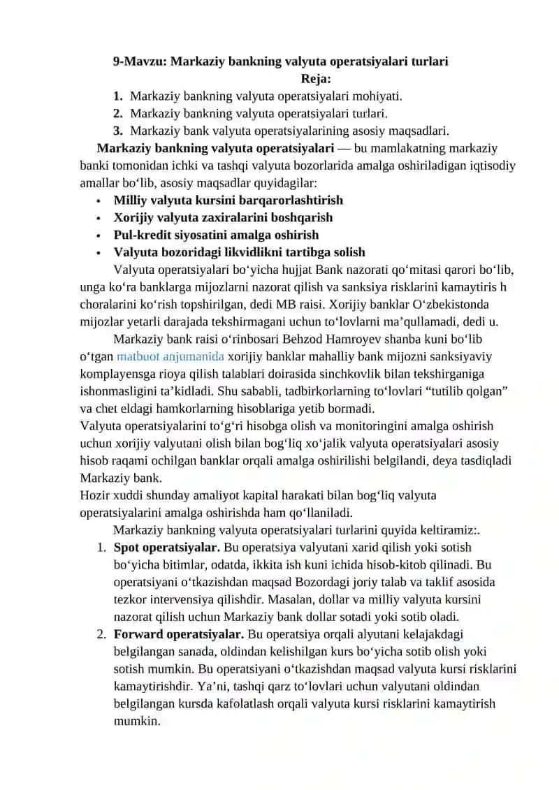 Markaziy bankning valyuta operatsiyalari turlari