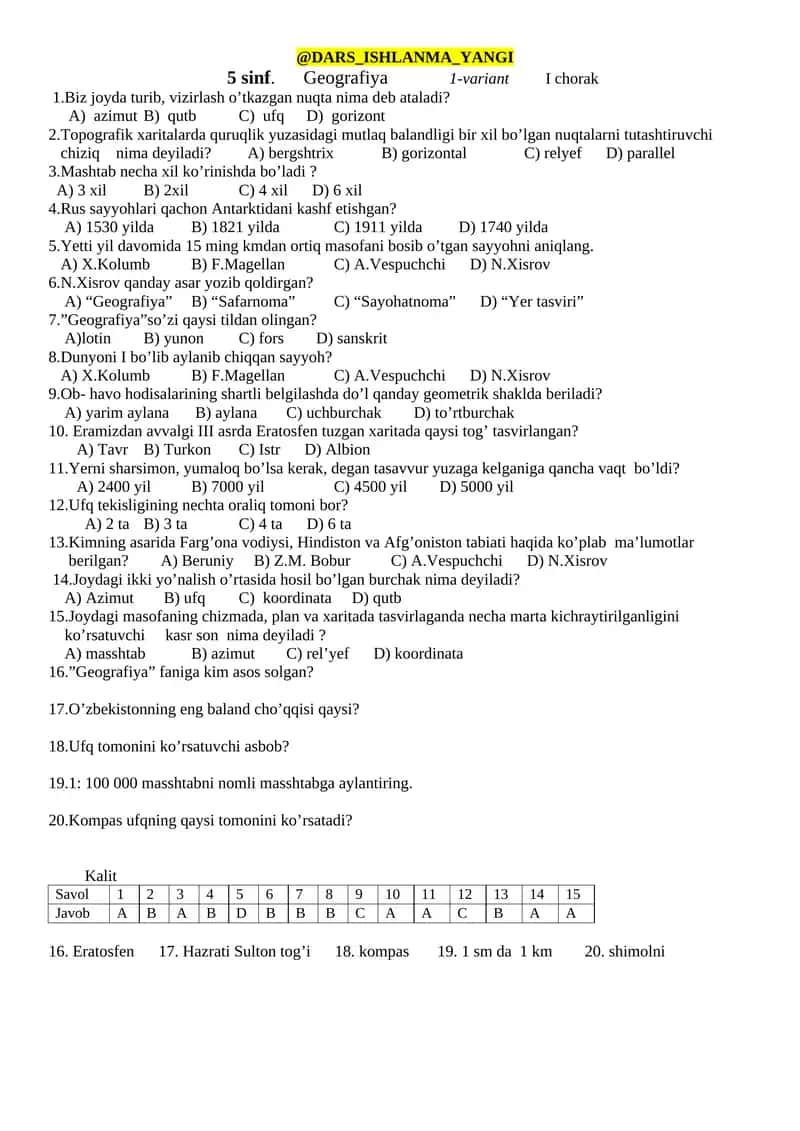 5 sinf. Geografiya 1-variant I chorak 1