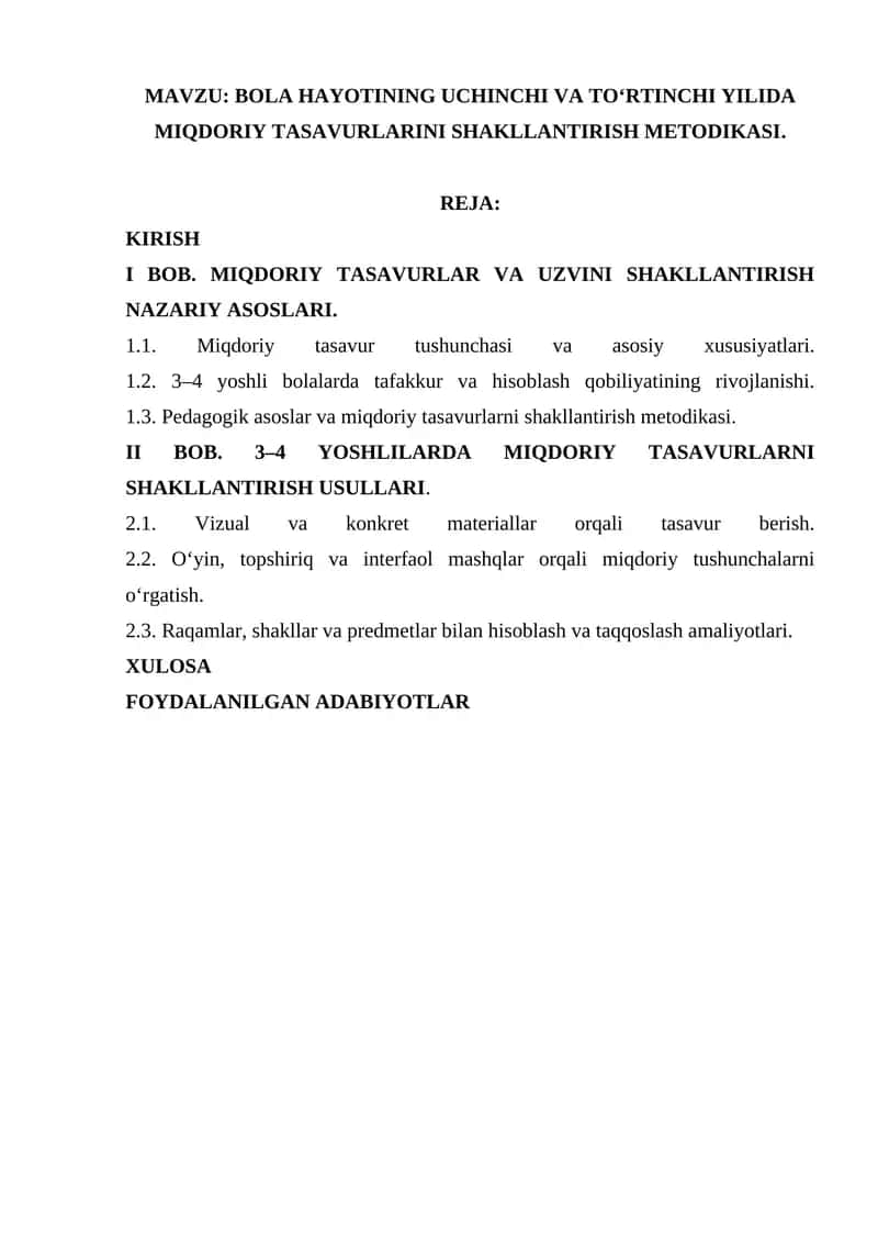 BOLA HAYOTINING UCHINCHI VA TO‘RTINCHI YILIDA MIQDORIY TASAVURLARINI SHAKLLANTIRISH METODIKASI 1