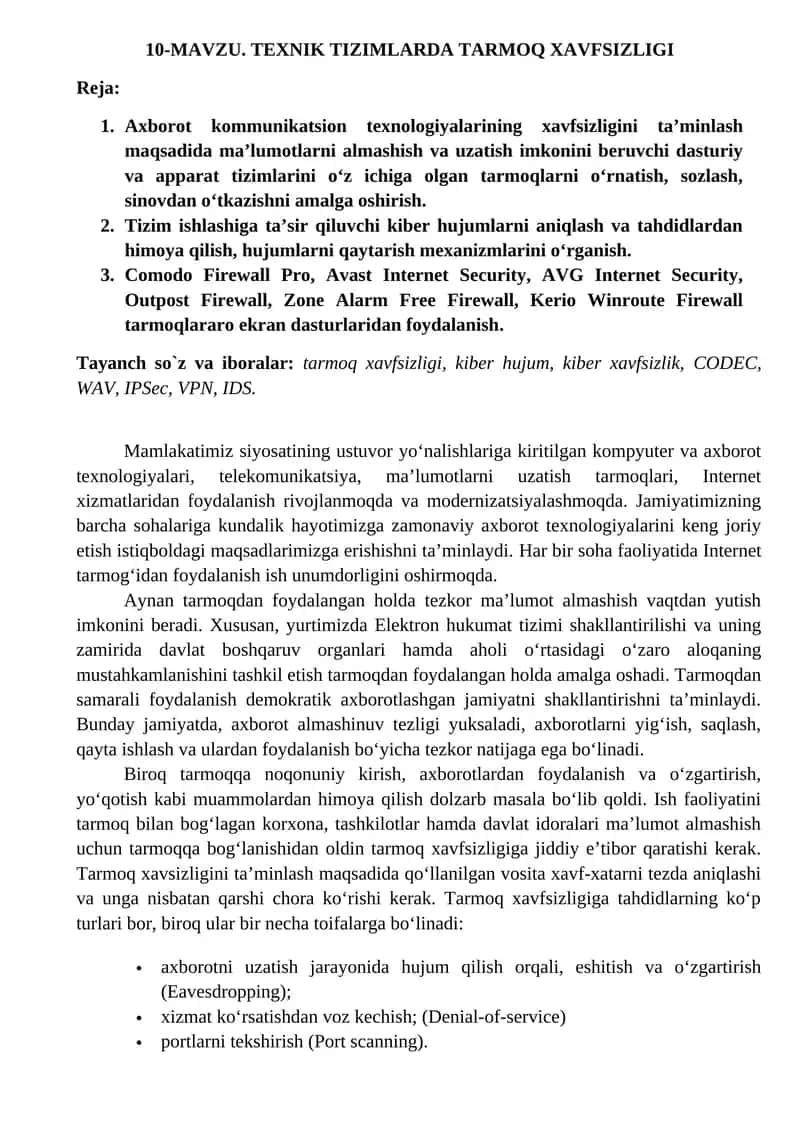 TEXNIK TIZIMLARDA TARMOQ XAVFSIZLIGI 1