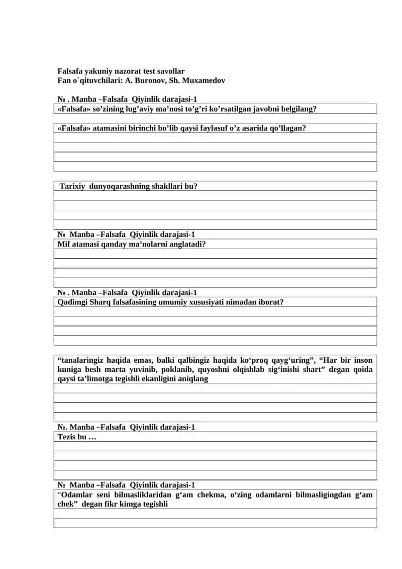 Falsafa yakuniy nazorat test savollar 1