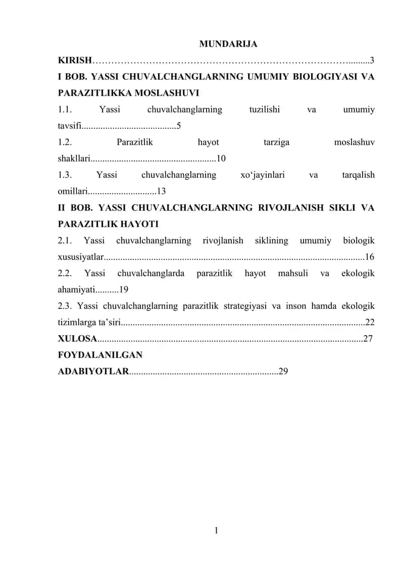Yassi chuvalchanglarning rivojlanish sikli – parazitlik hayot mahsuli 1