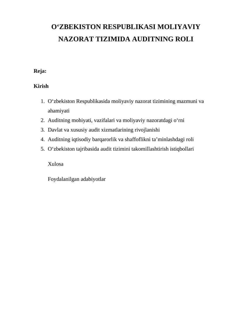 O‘ZBEKISTON RESPUBLIKASI MOLIYAVIY NAZORAT TIZIMIDA AUDITNING ROLI 1