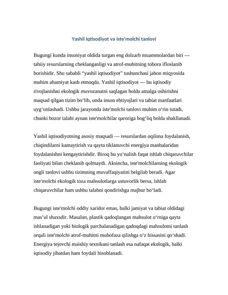 Yashil iqtisodiyot va iste'molchi tanlovi 1