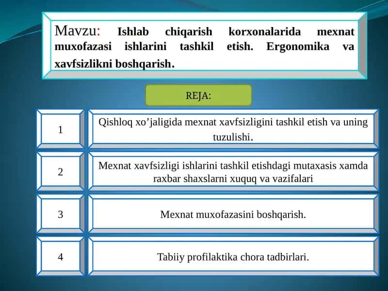 Ishlabchiqarish korxonalarida mexnat muxofazasi ishlarini tashkil etish. Ergonomika va xavfsizlikni boshqarish 1