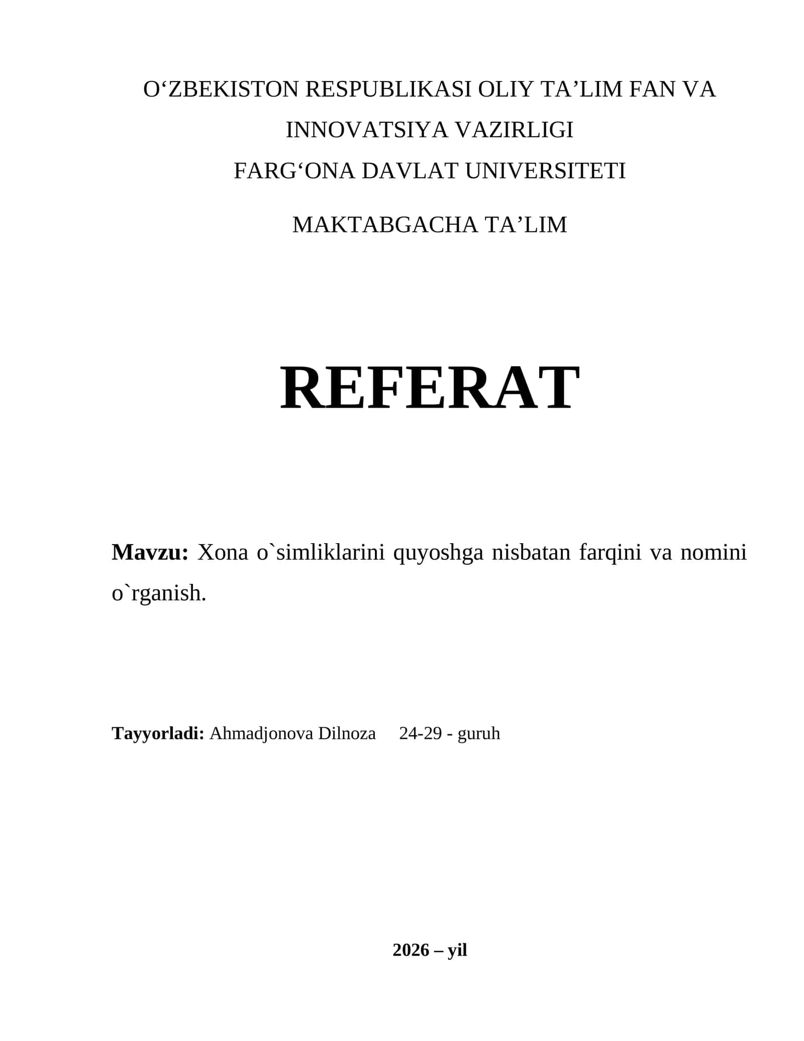 Xona o`simliklarini quyoshga nisbatan farqini va nomini o`rganish 1