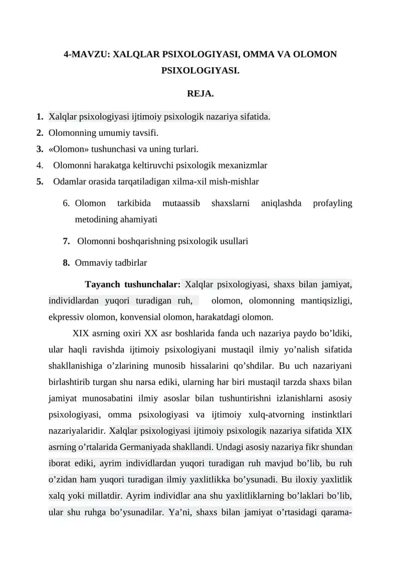 XALQLAR PSIXOLOGIYASI, OMMA VA OLOMON PSIXOLOGIYASI 1
