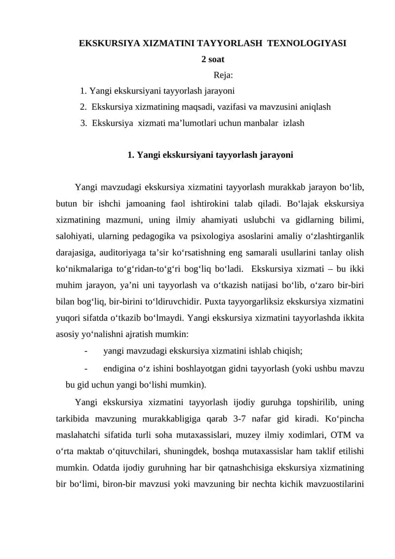 Ekskursiya Xizmatini Tayyorldash Texnologiyasi 1